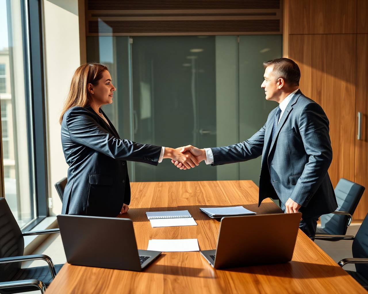 Two professionals shaking hands across a conference table